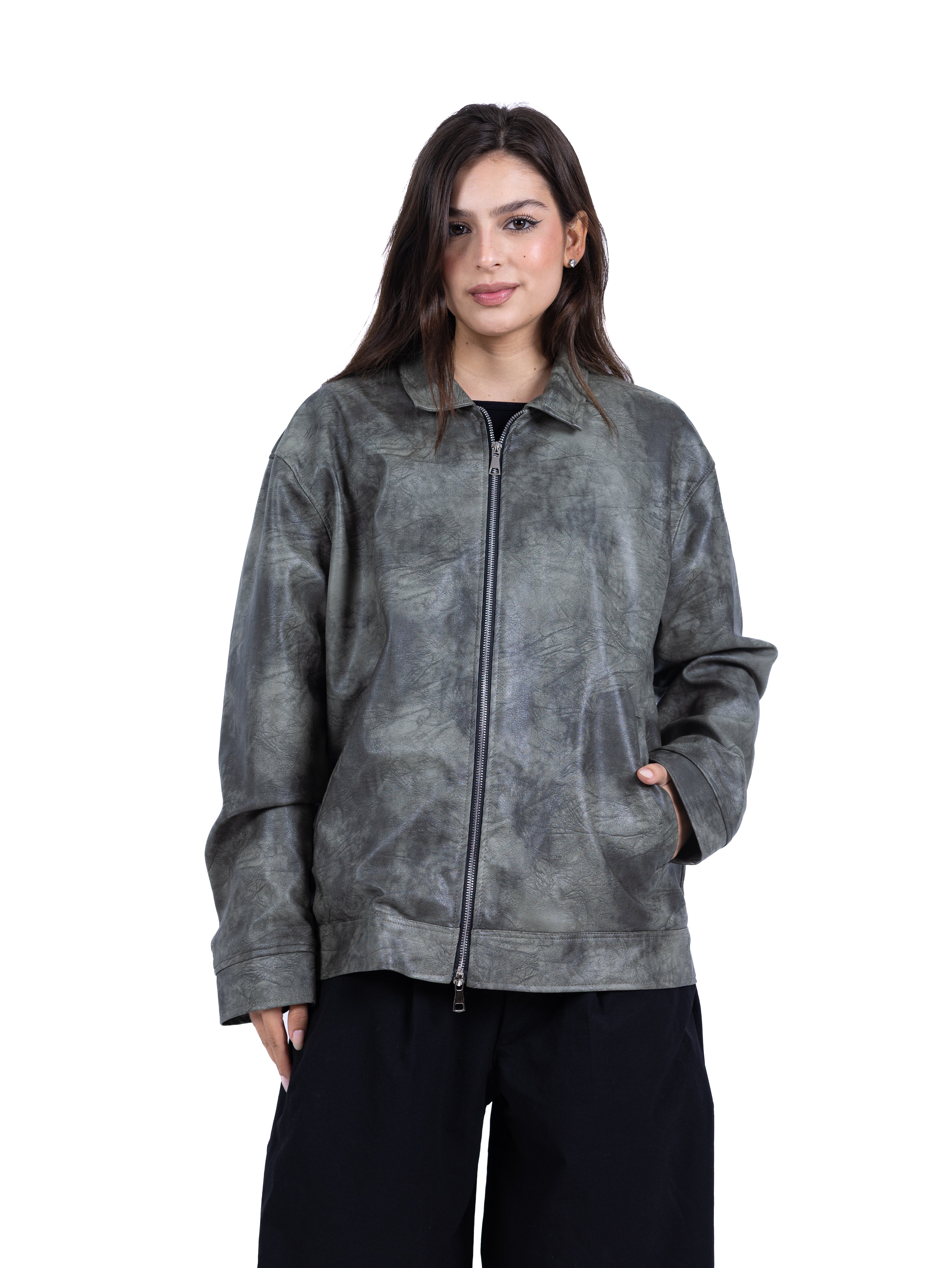 RAW ASH LEATHER JACKET | OLIVE